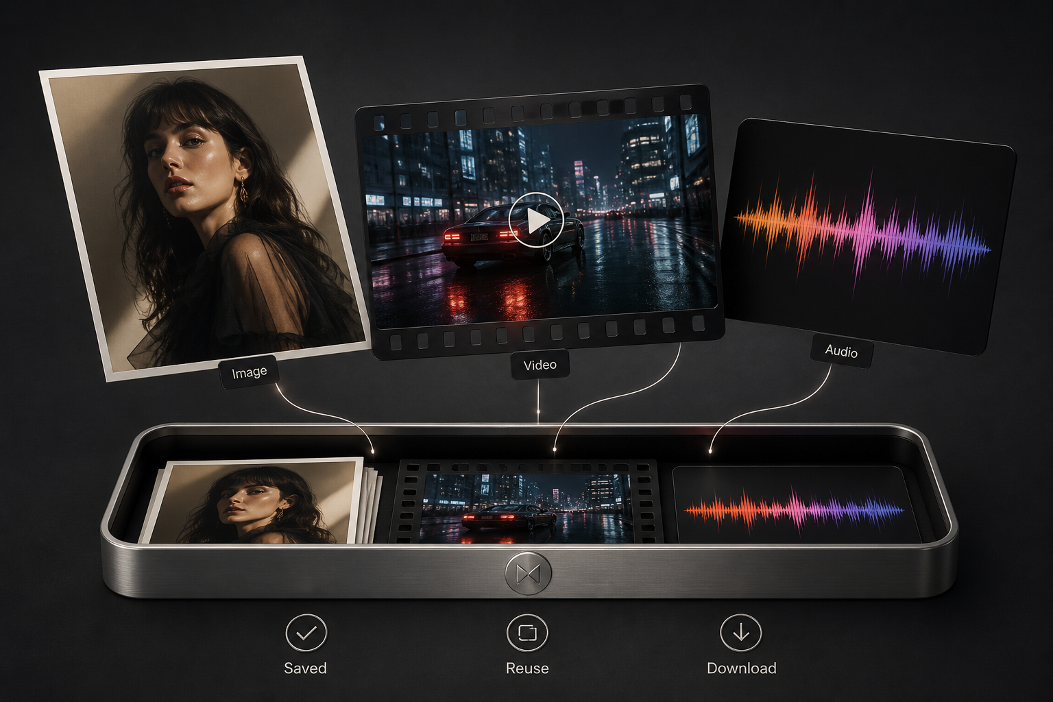 Image, video, and audio results arranged together with Saved, Reuse, and Download actions