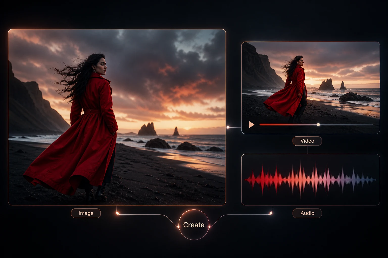 A single Mixany creative idea shown as image, video, and audio outputs flowing into one creation workspace