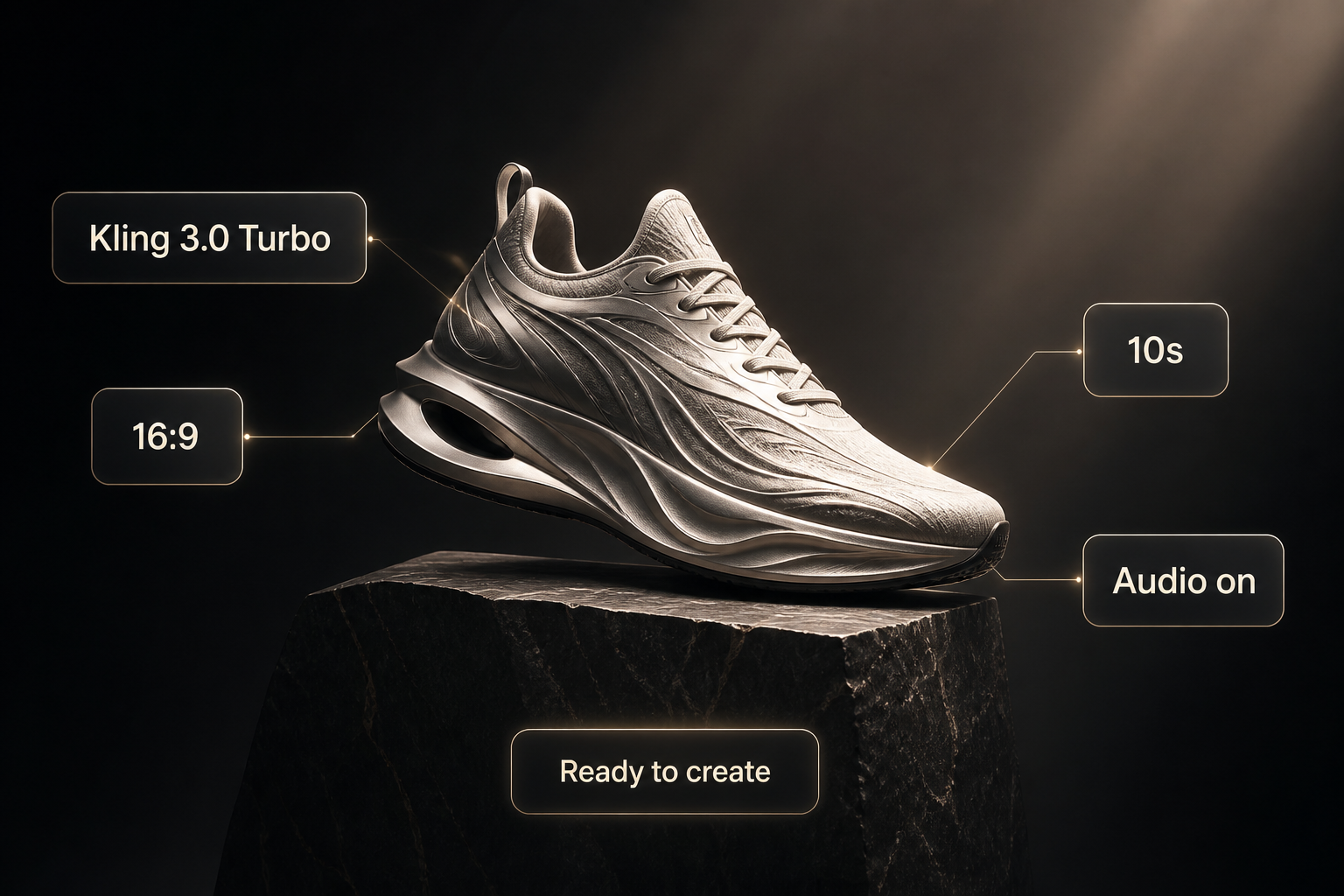 A silver sneaker creation labeled with its model, aspect ratio, duration, and audio settings