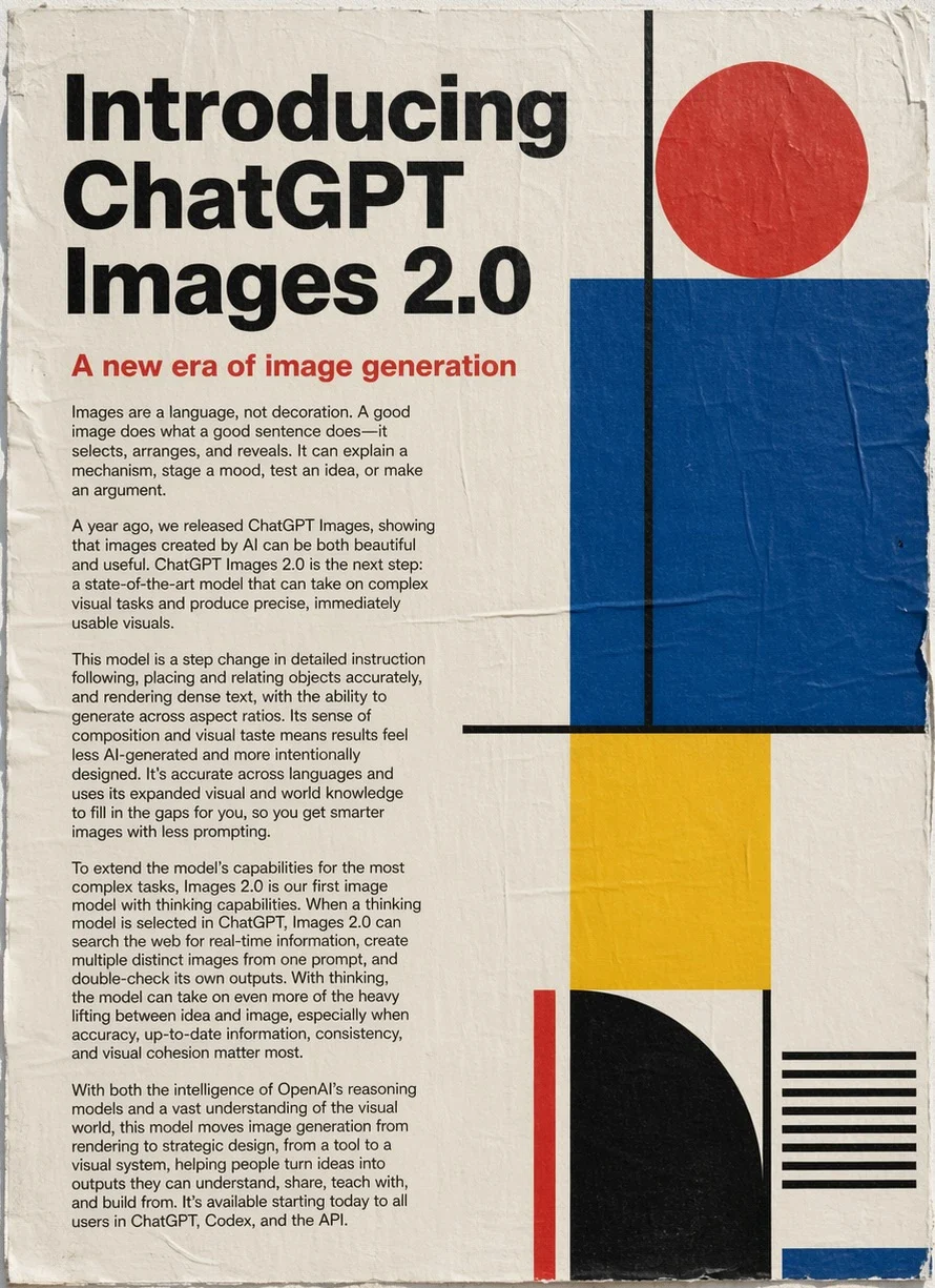 Official ChatGPT Images 2 image-generation release example with editorial typography and geometric blocks