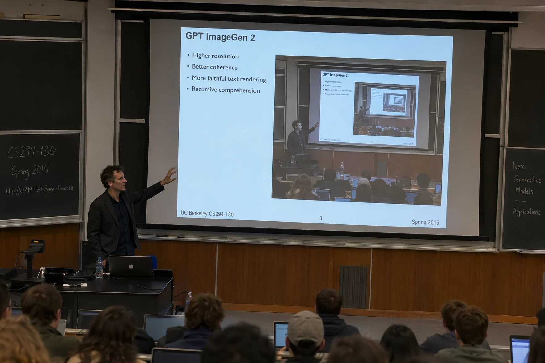 Official ChatGPT Images 2 image-generation release example: lecture hall scene with a projected image-generation presentation