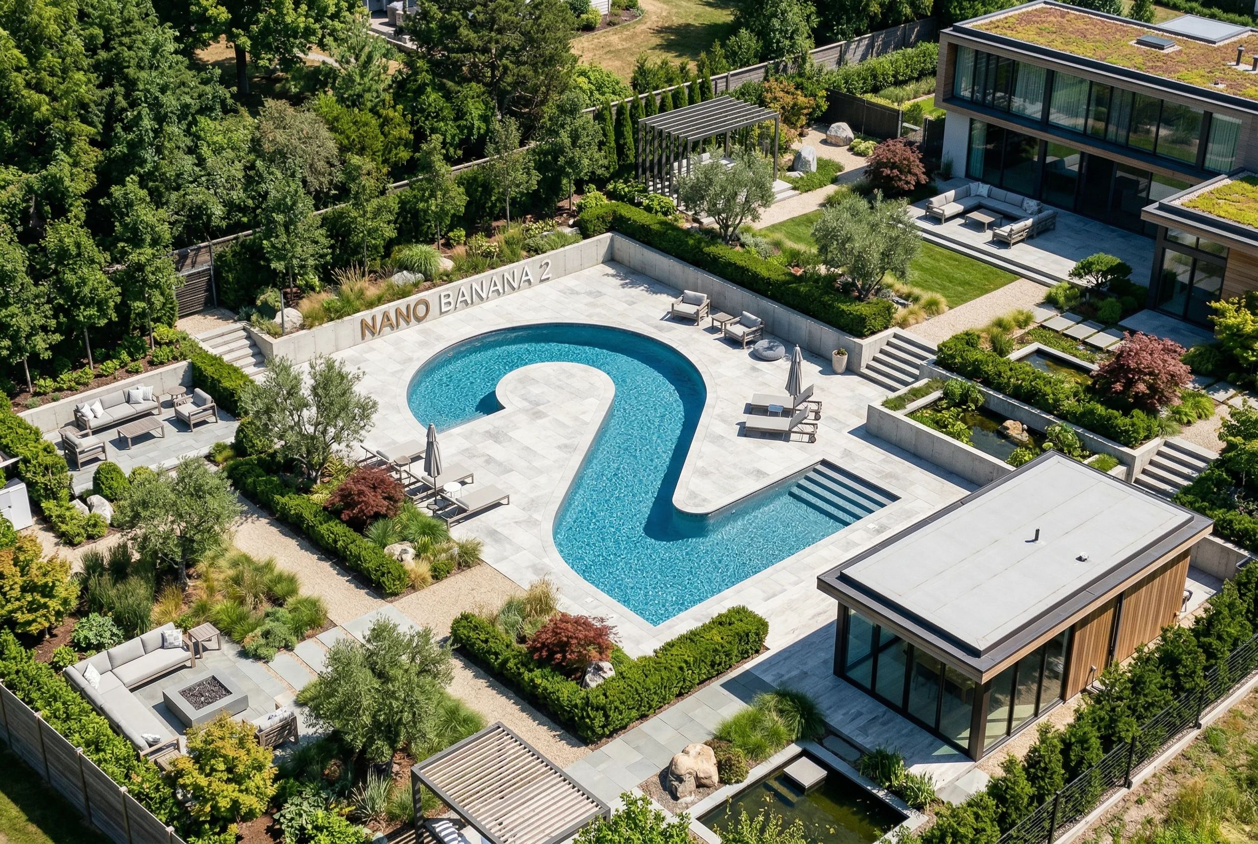 Official Nano Banana 2 isometric modern garden with a large number two pool
