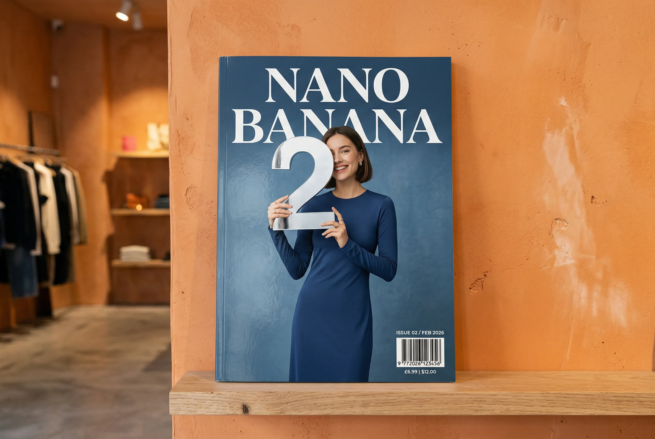 Official Nano Banana 2 magazine cover in a designer store with a large numeral two