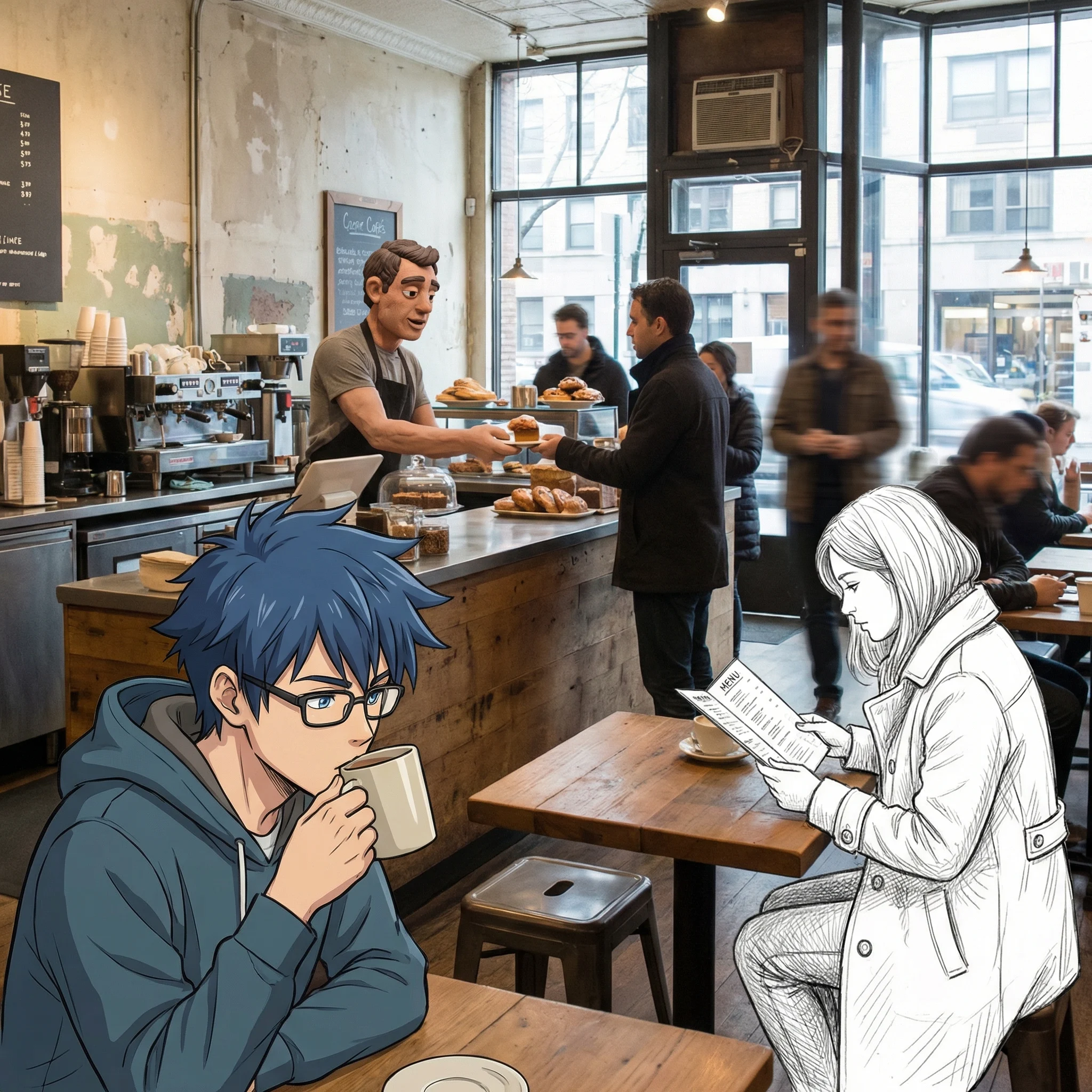 Official Nano Banana Pro busy cafe scene combining photographic, anime, sketch, and clay characters