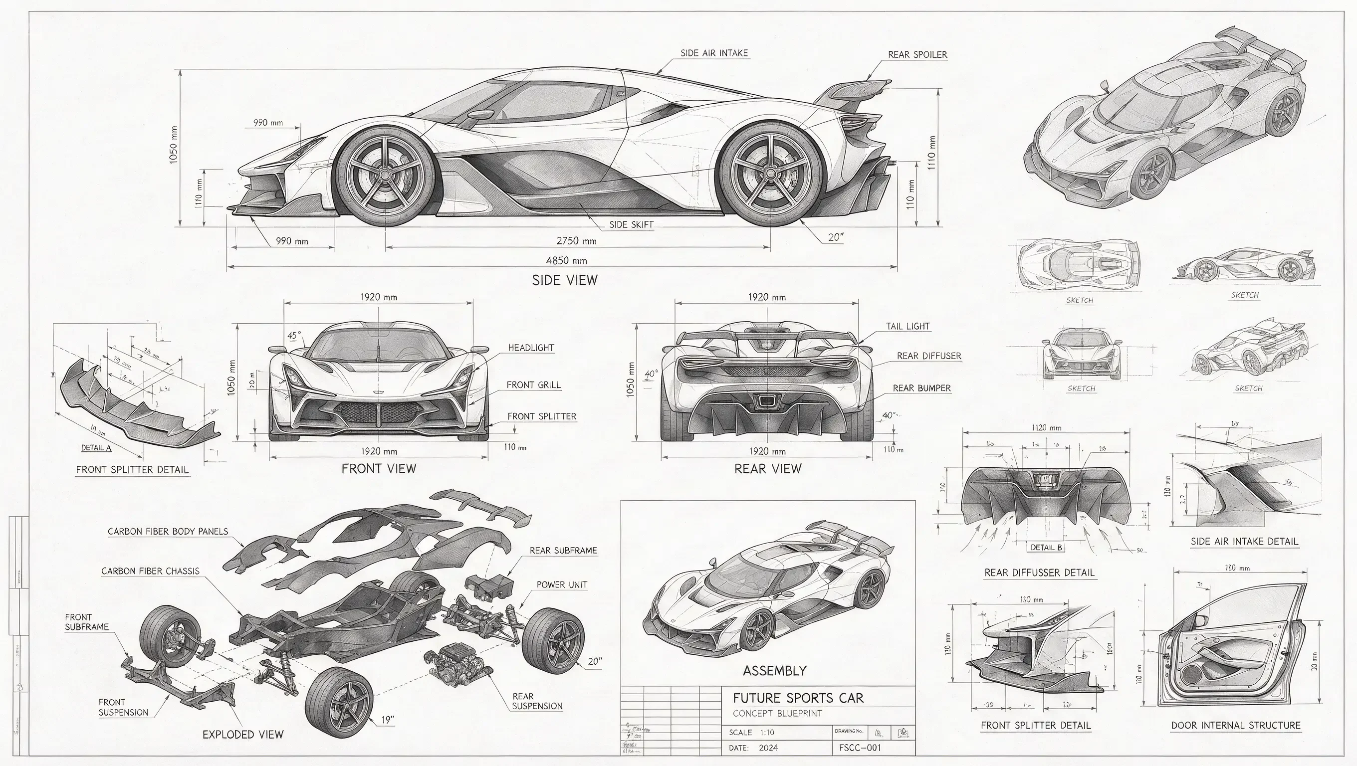 Official Seedream 5.0 Pro futuristic sports-car blueprint with exploded parts and measurements