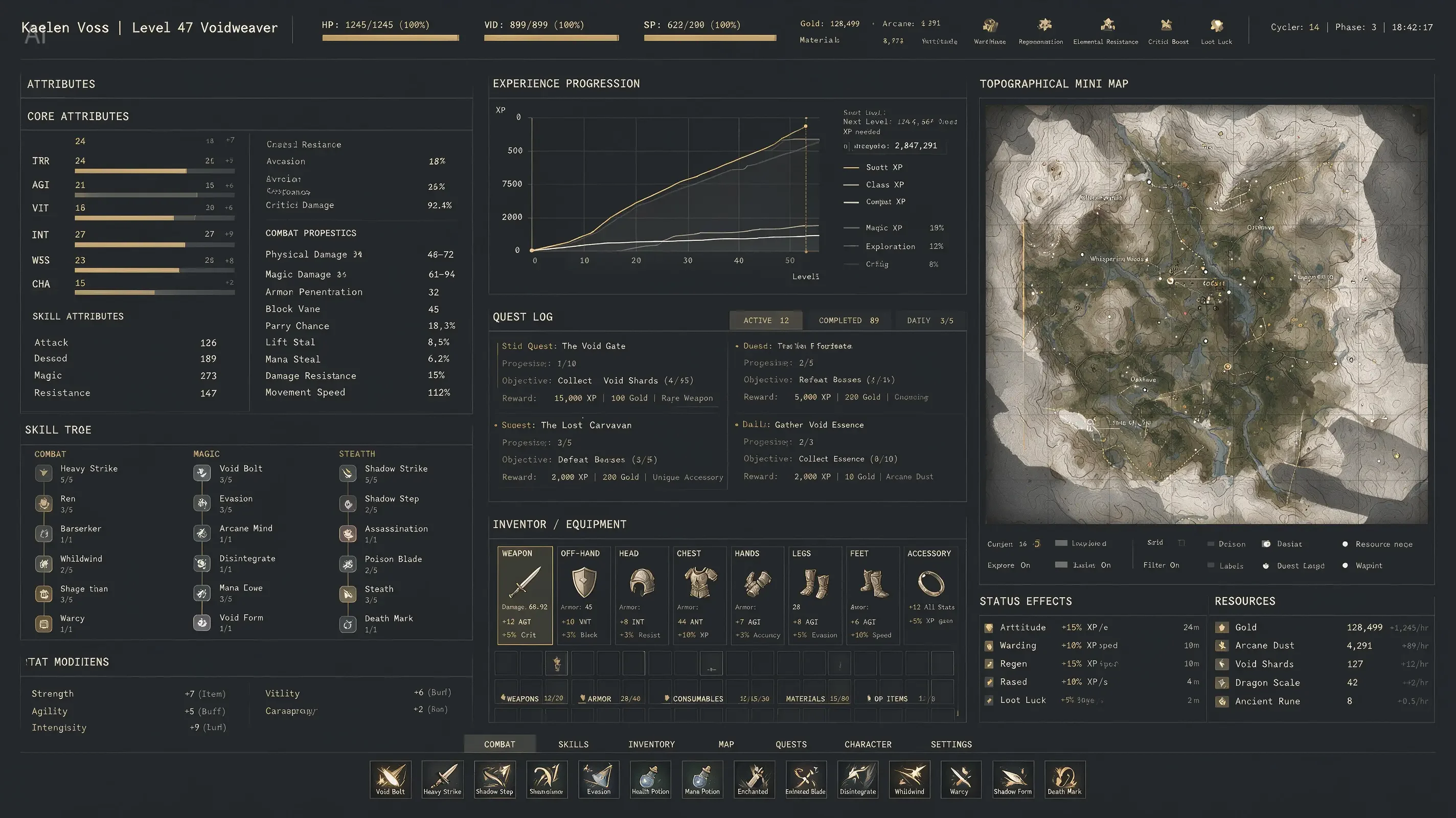 Official Seedream 5.0 Pro dense RPG interface with stats, progression graphs, and topographical map