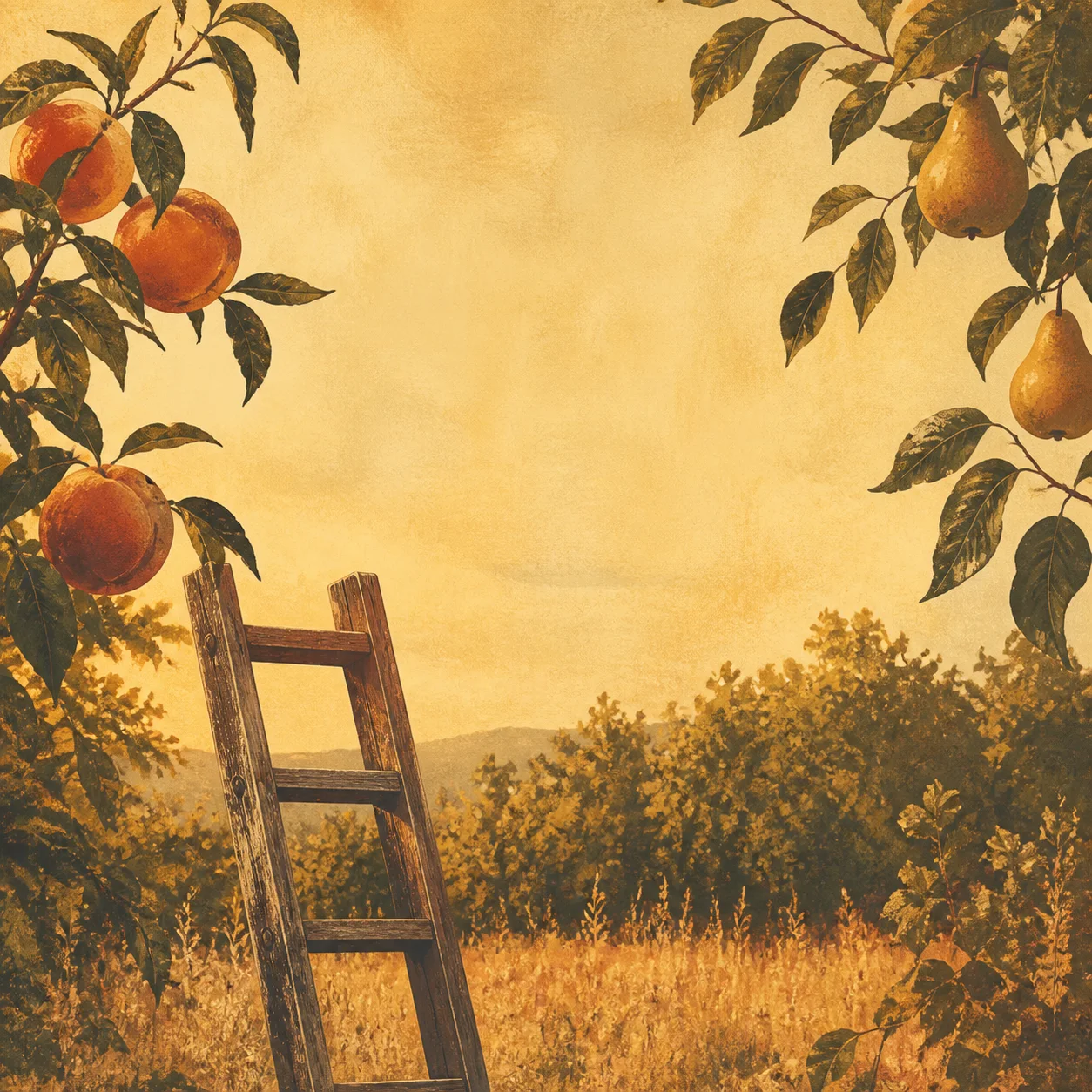 Indie-folk album cover concept with an orchard setting in a square composition