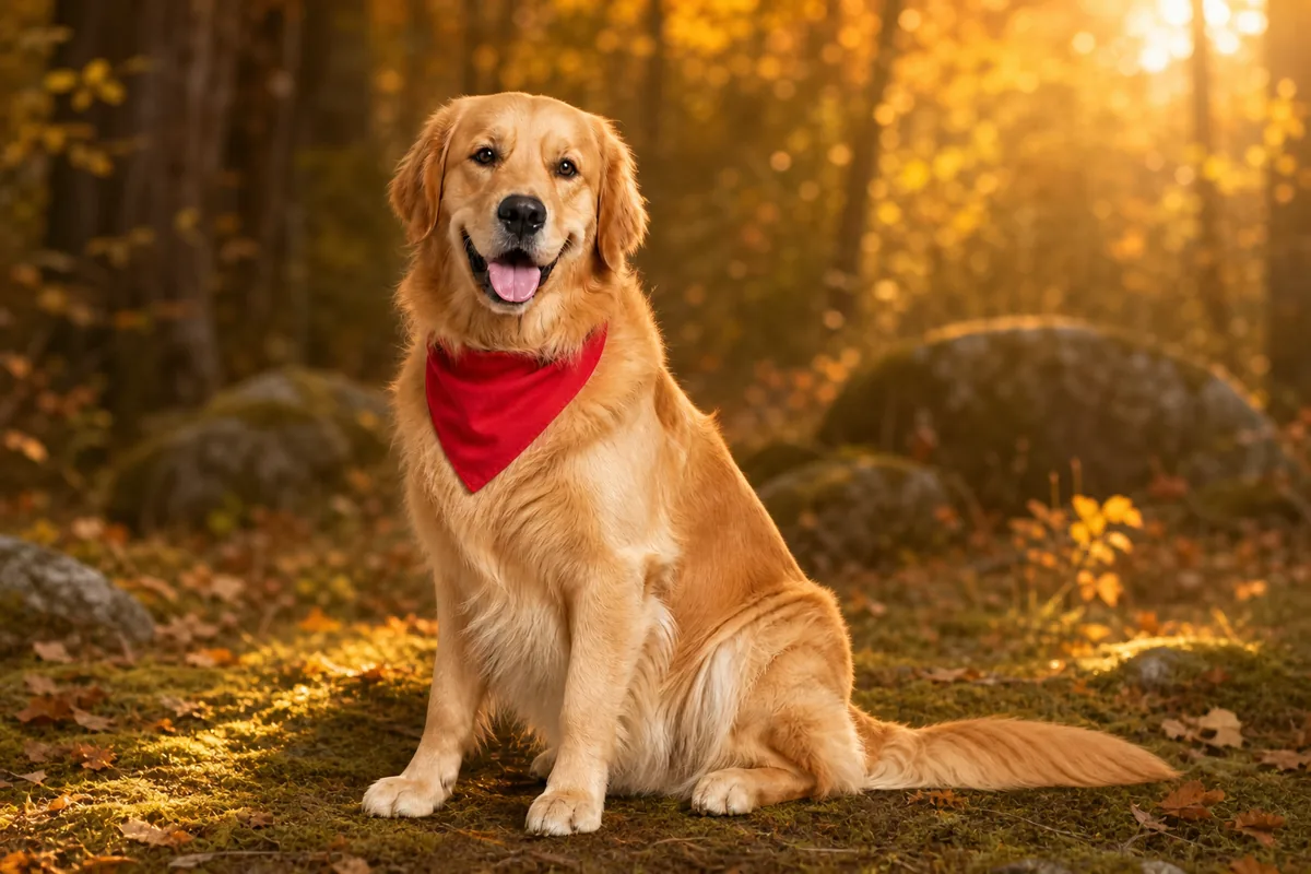 Same golden retriever placed in an autumn woodland background at golden hour