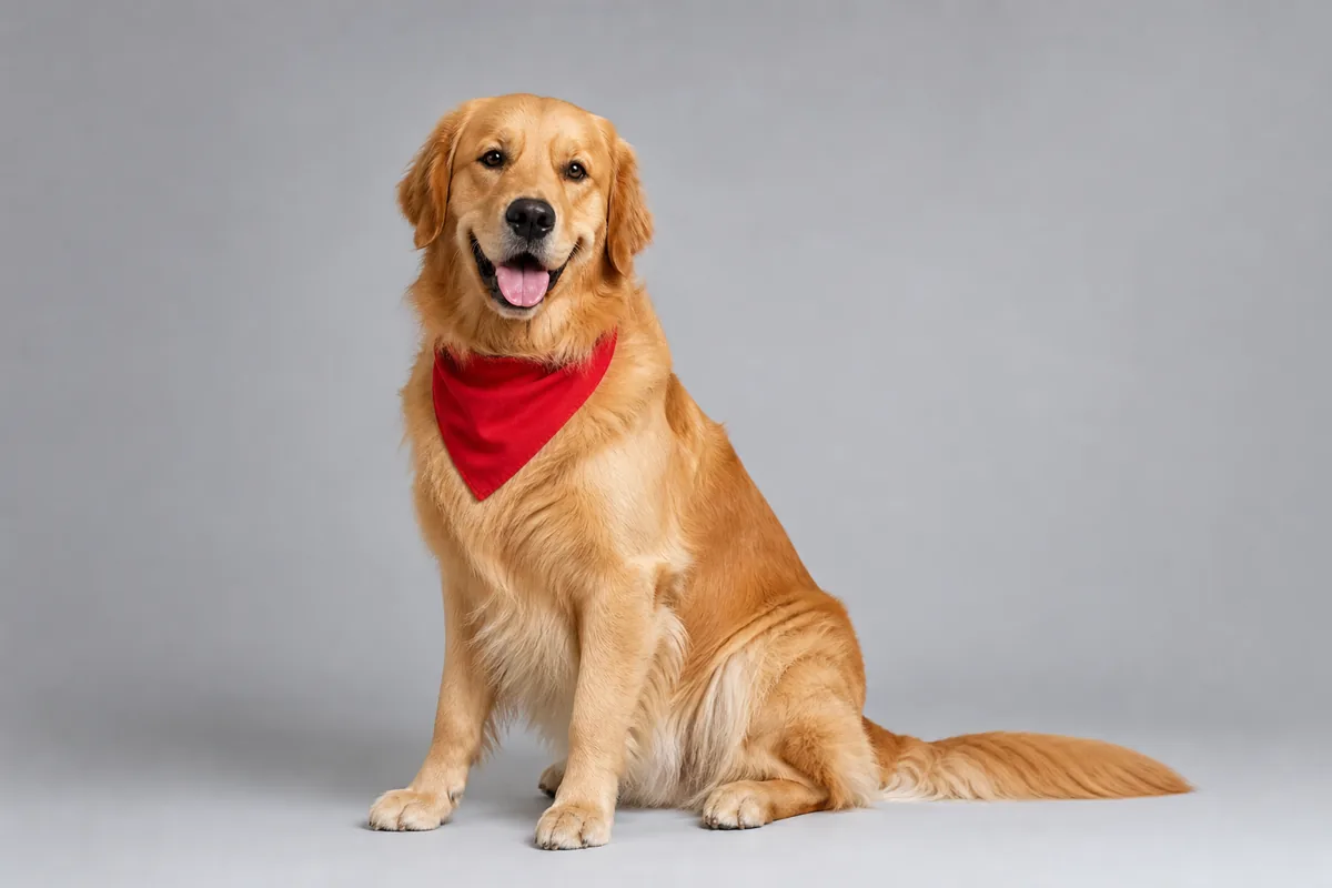 Golden retriever with a red bandana on a plain gray background before replacement