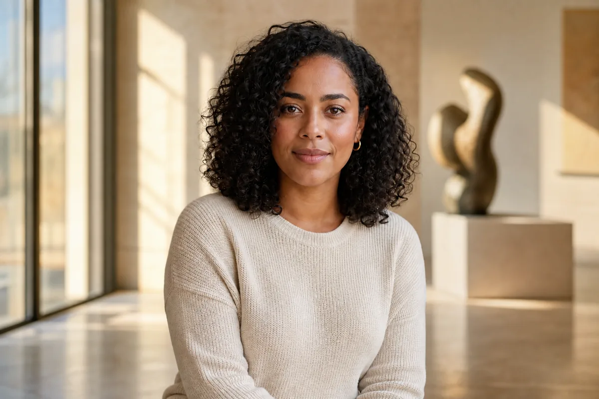 Same woman with natural curls placed in a sunlit modern art gallery