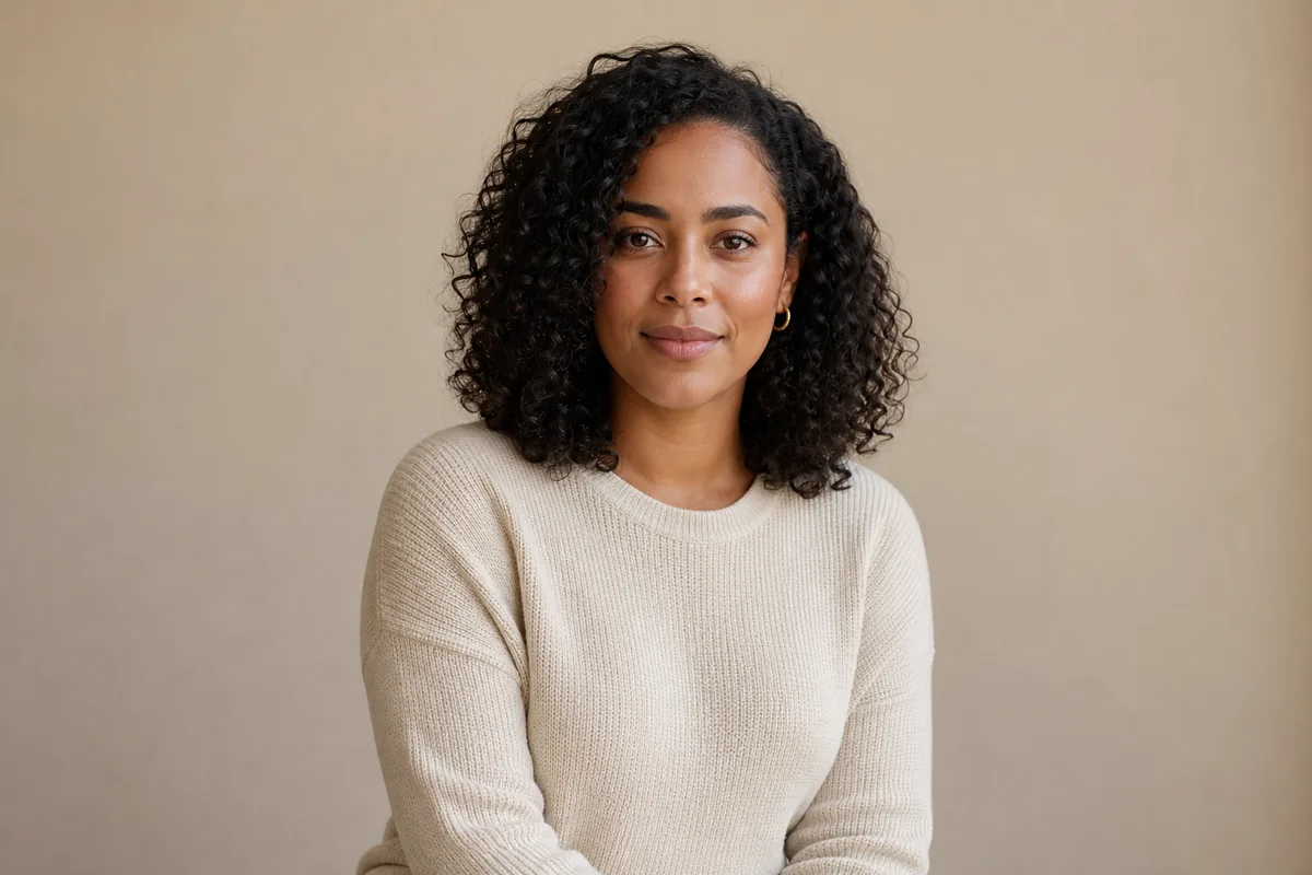 Woman with natural curls against a plain beige wall before background replacement