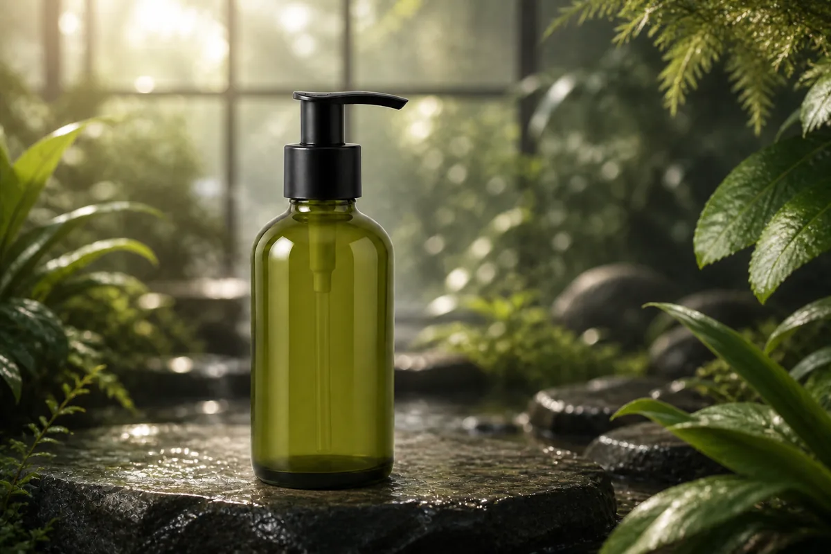 Same olive-green skincare bottle placed in a botanical campaign background
