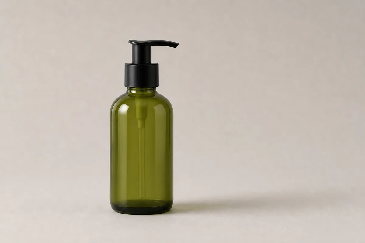 Olive-green skincare pump bottle on a plain studio background before background generation