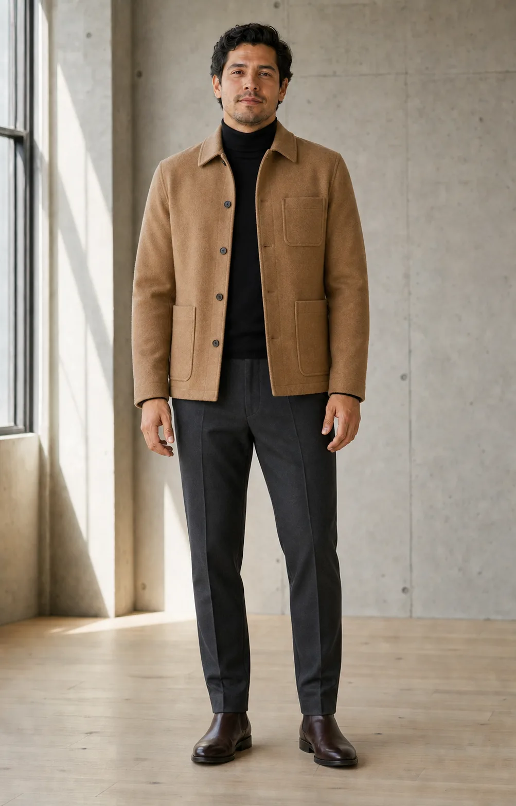Same person wearing a camel jacket and dark knit layers