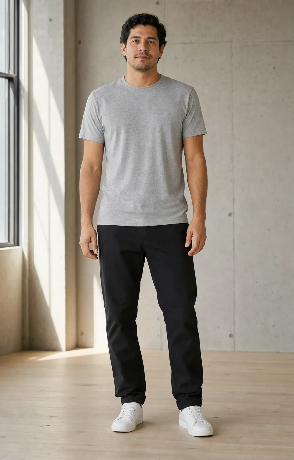 Person in a casual outfit before a camel jacket preview