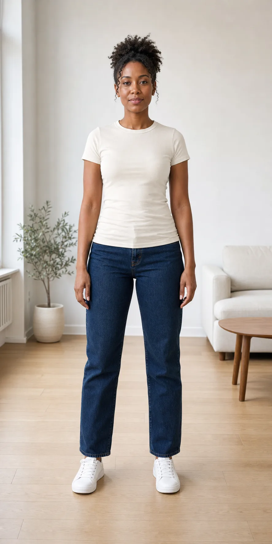 Person in a casual outfit before an AI clothes change