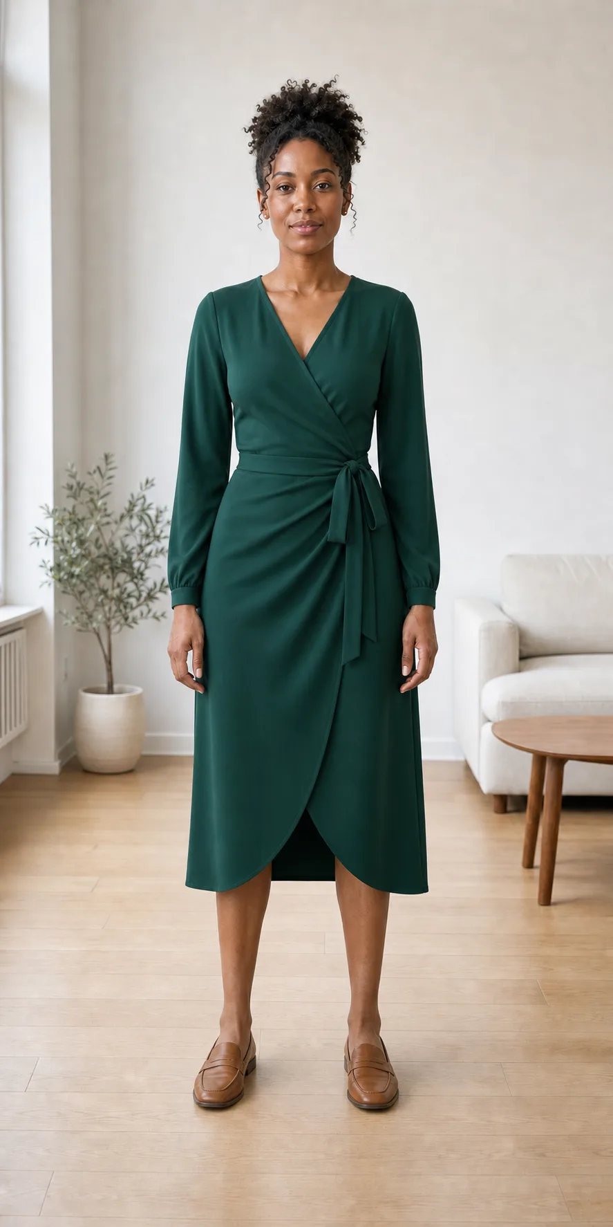 Same person in a deep emerald wrap dress after an AI clothes change