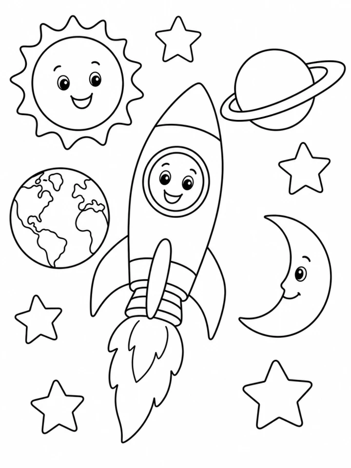 Balanced classroom space coloring page with a rocket and planets