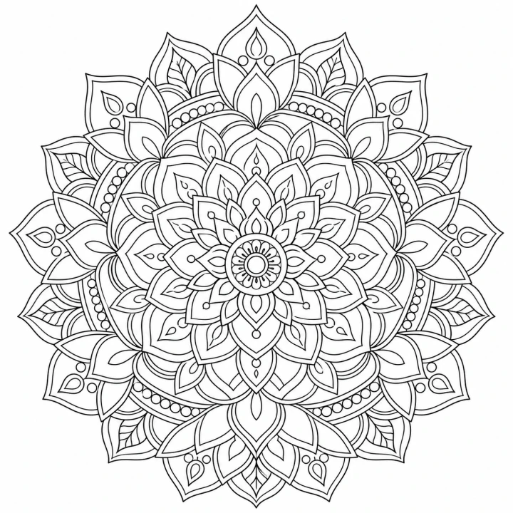 Detailed floral mandala coloring page with fine clean outlines