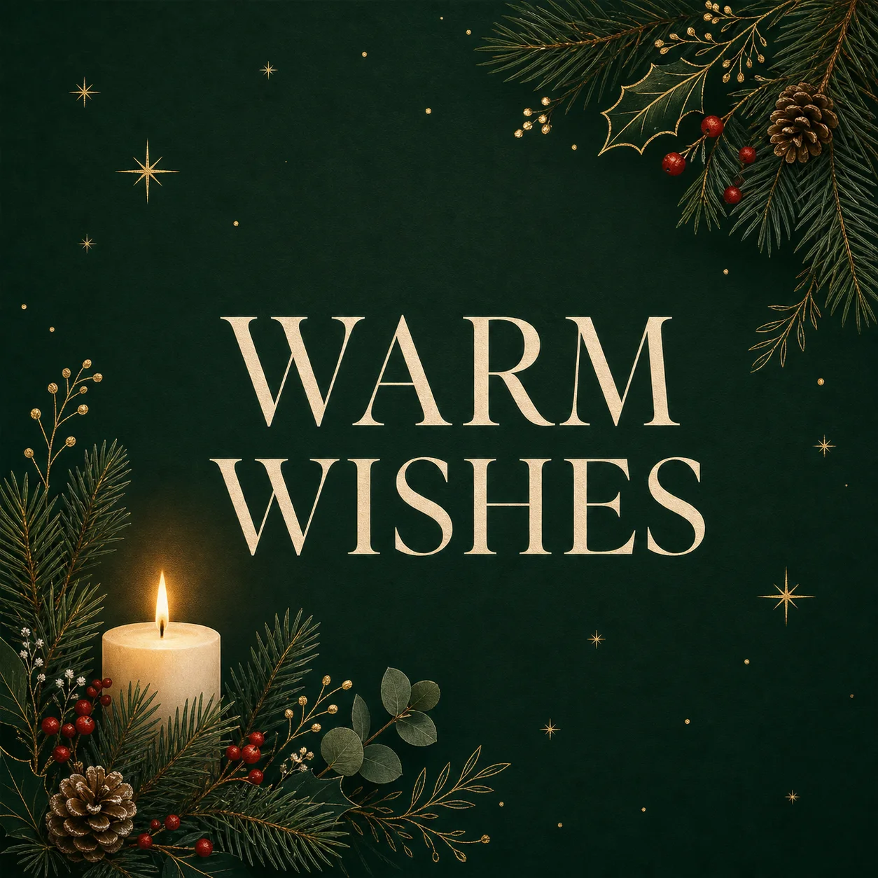 Elegant winter holiday greeting card front with warm candlelight and botanical framing