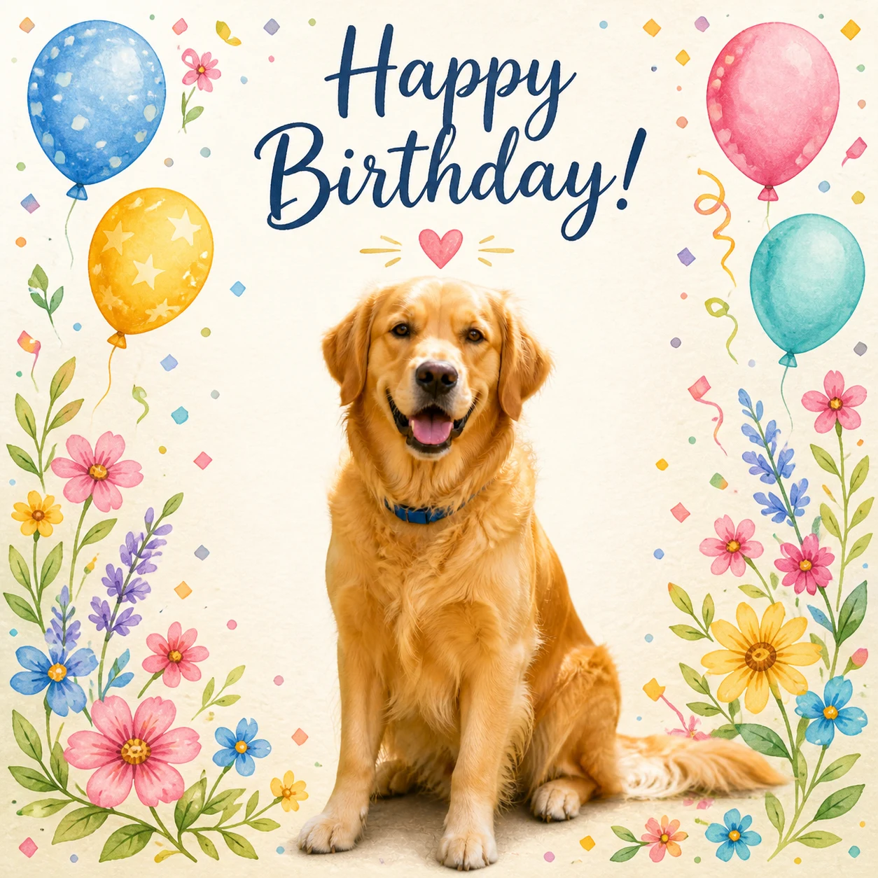 Playful illustrated birthday greeting card front with colorful confetti and message space