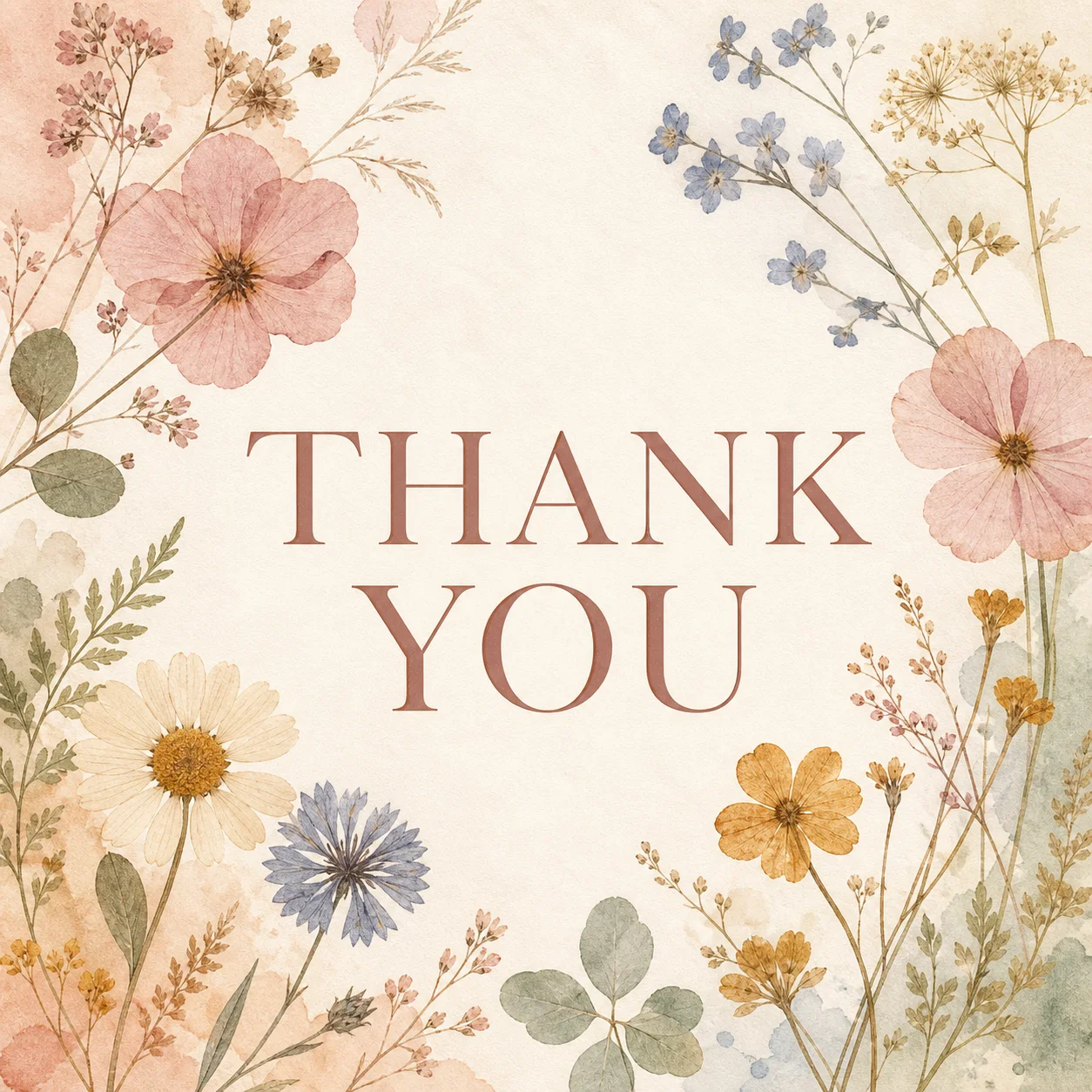 Warm thank-you greeting card front with painted florals and a generous message area