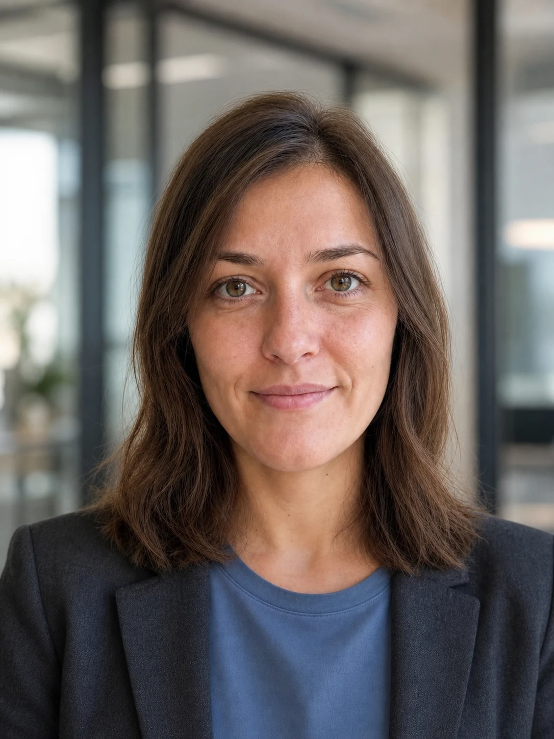 Modern founder headshot with a relaxed blazer and softly blurred office
