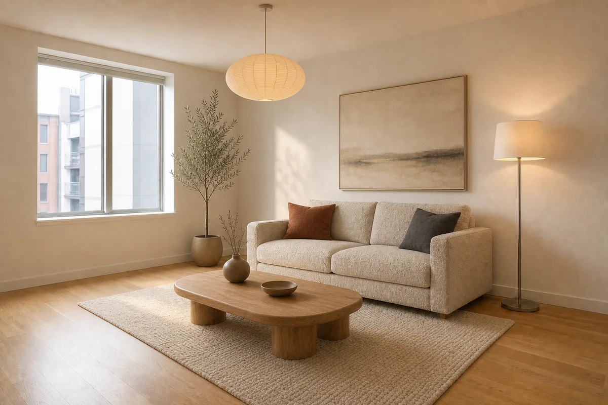 Living room restyled with warm Japandi materials while preserving its architecture