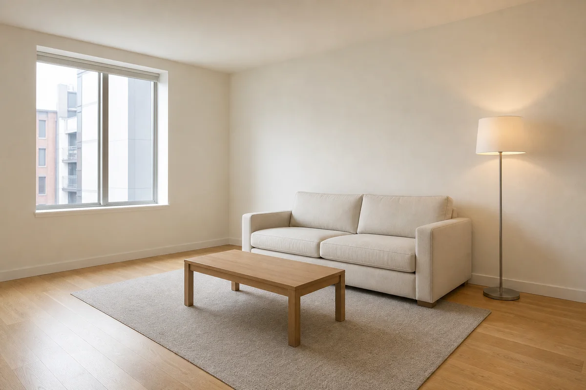 Neutral living room before a warm Japandi interior restyle