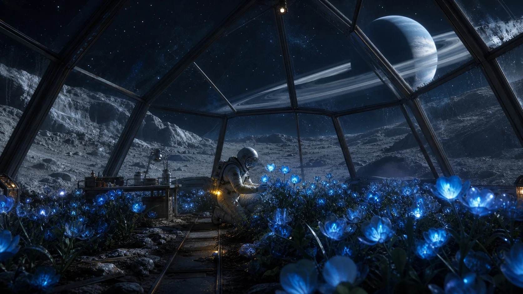 Moonlit cinematic garden scene with a glowing pathway and layered foliage