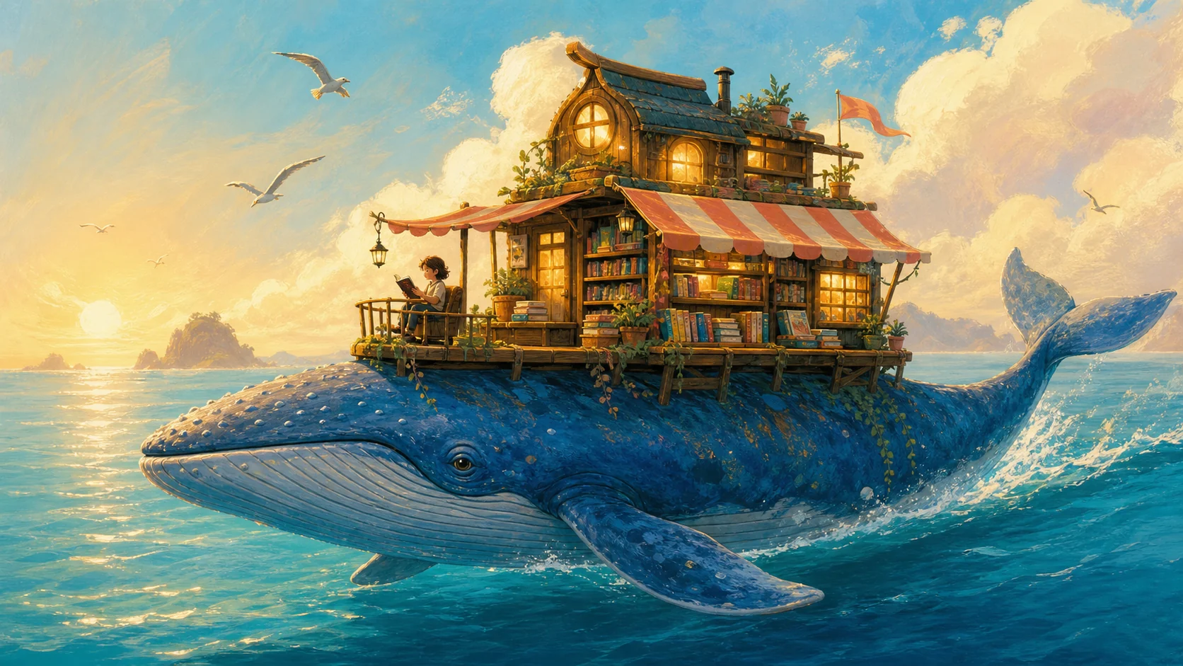 Whimsical illustrated whale floating through a warm bookshop interior