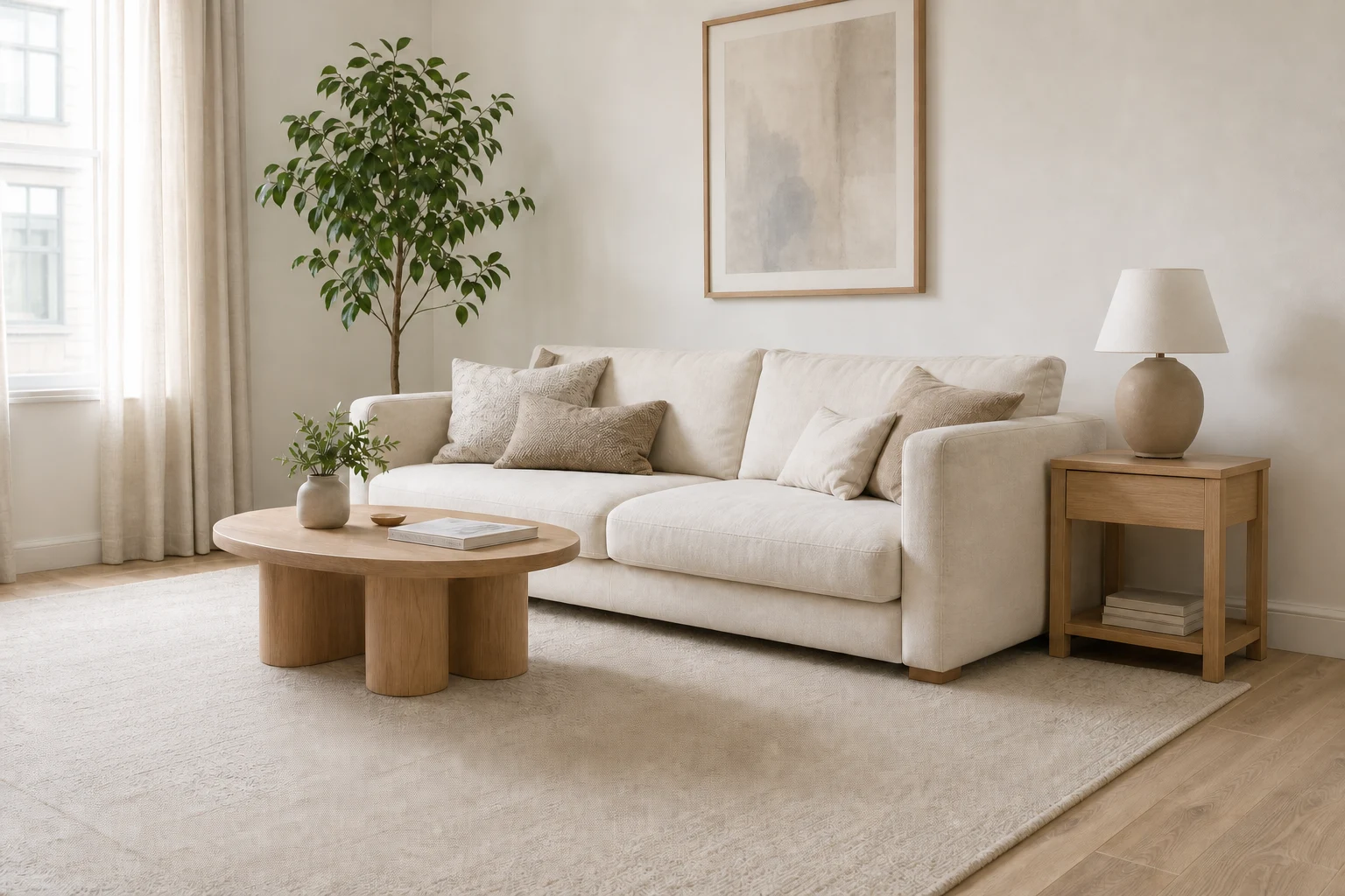 Living room after the standing fan, cable, and cardboard box are removed