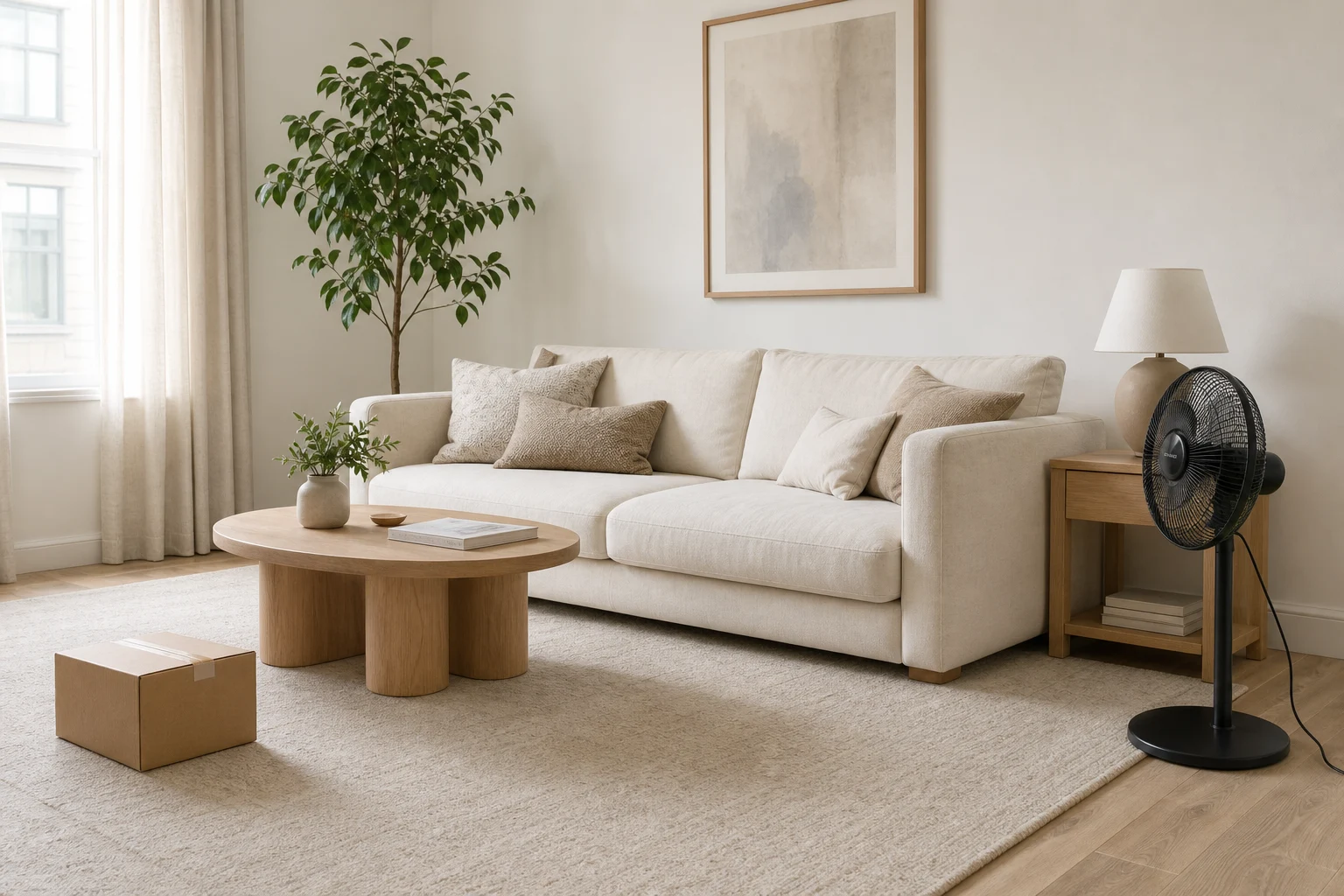 Living room with a standing fan, cable, and cardboard box before object removal