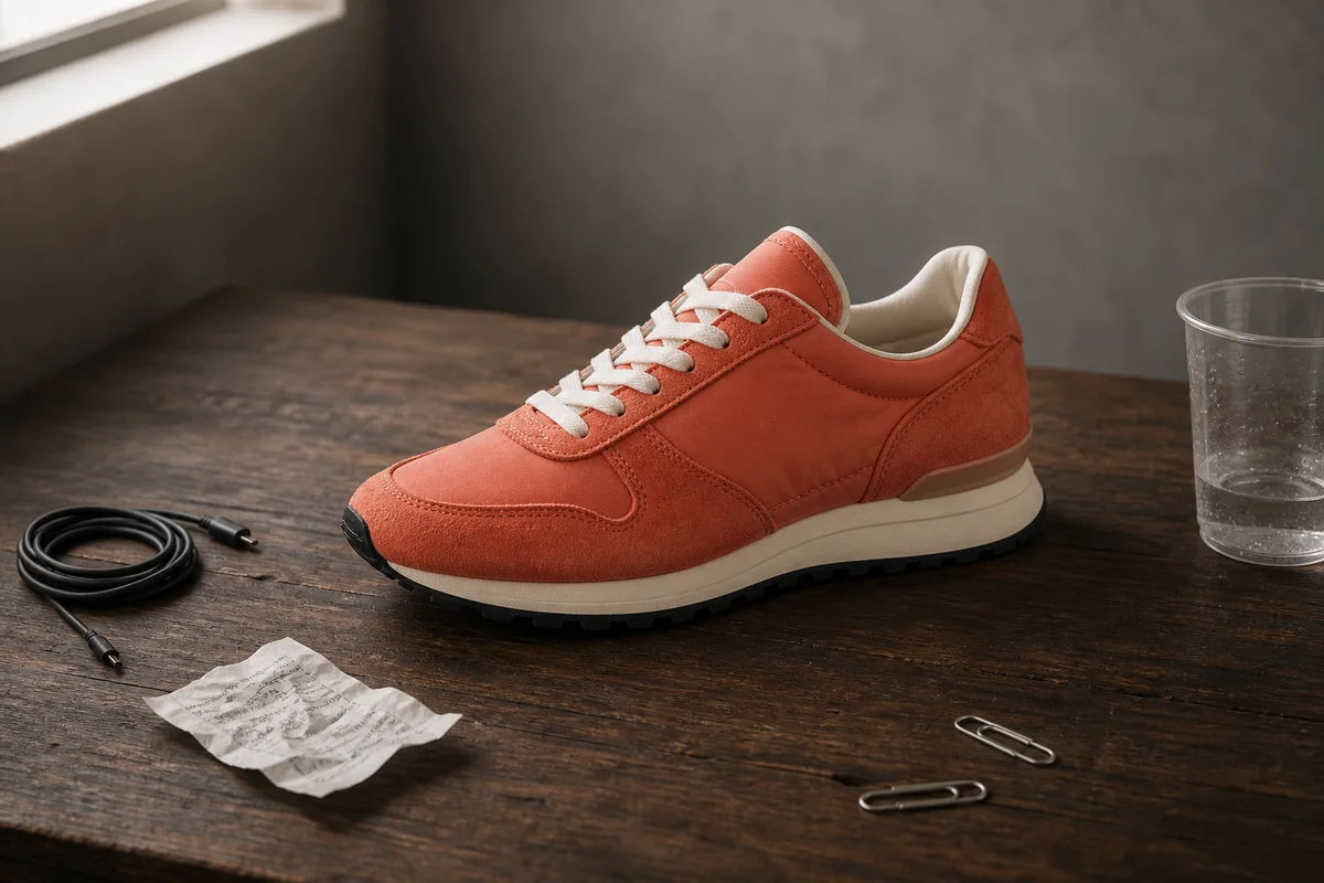 Running shoe product photograph with cable, cup, note, and clips before cleanup