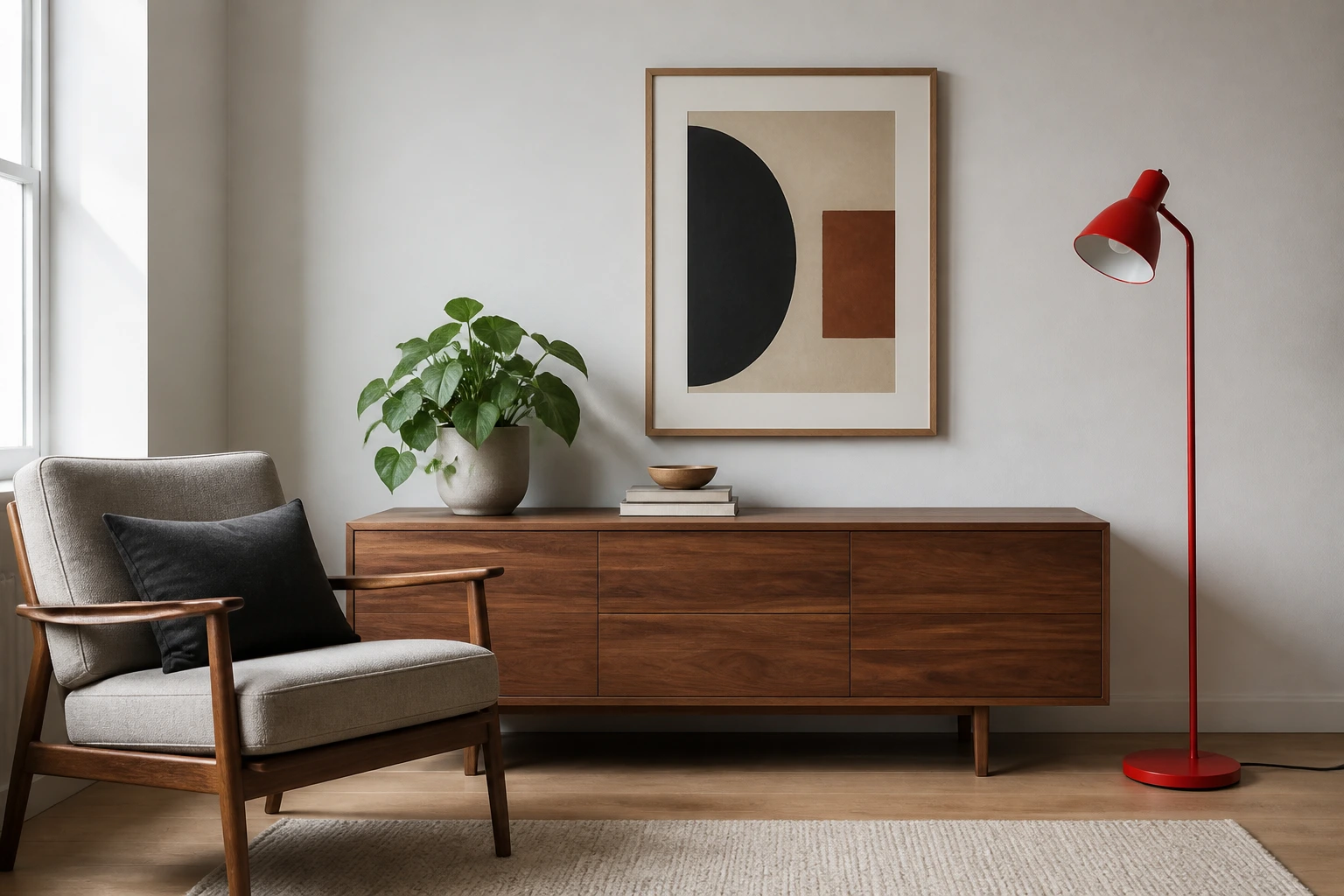 Reading nook with a red floor lamp and cable before object removal
