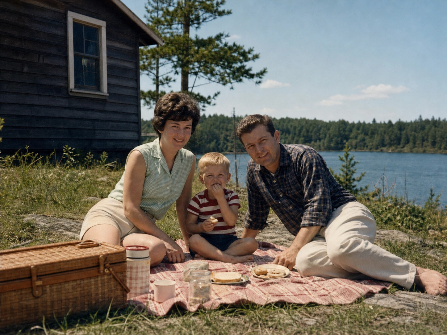 Lakeside picnic photograph after careful damage repair and color restoration