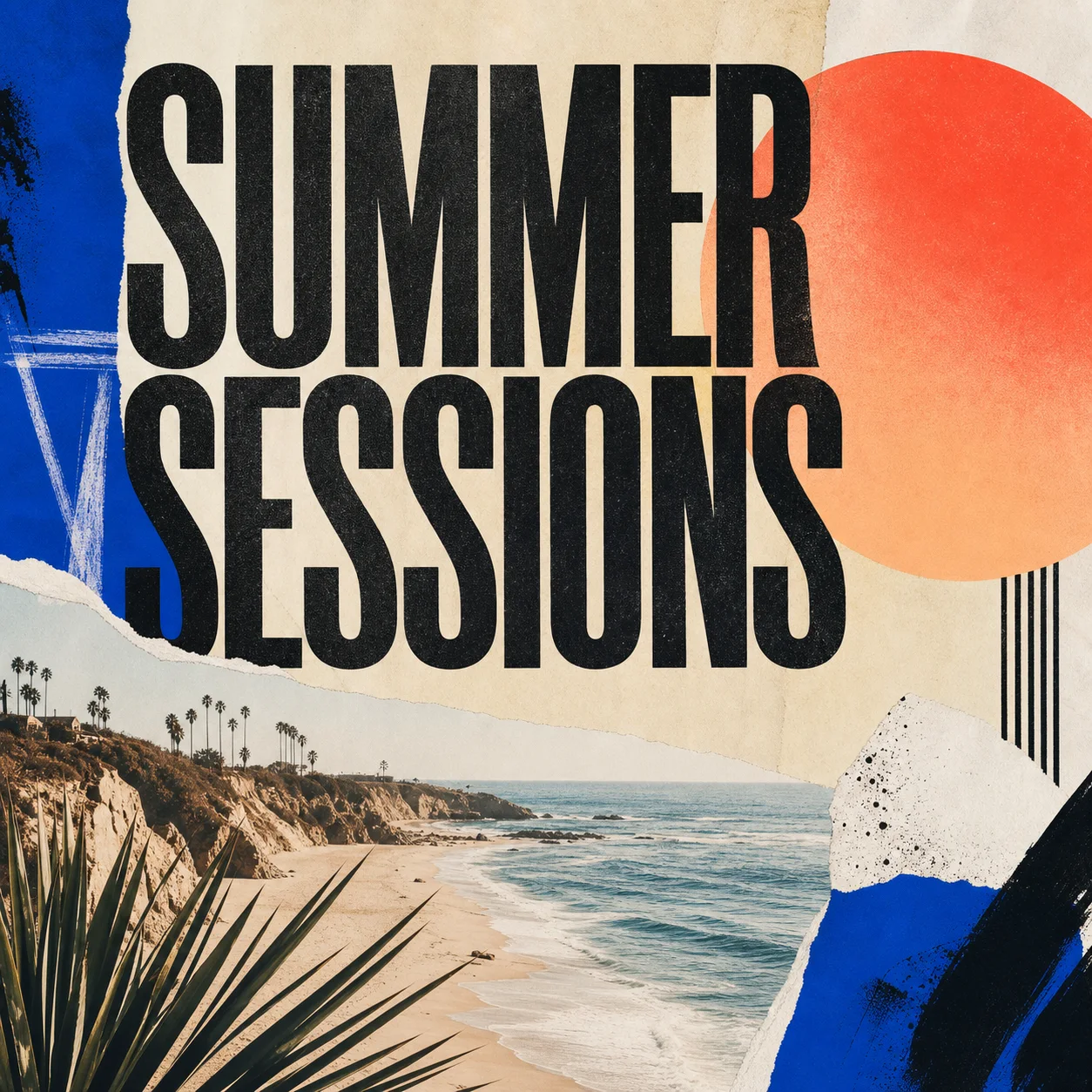 Editorial Summer Sessions event poster with bold color blocks and headline space