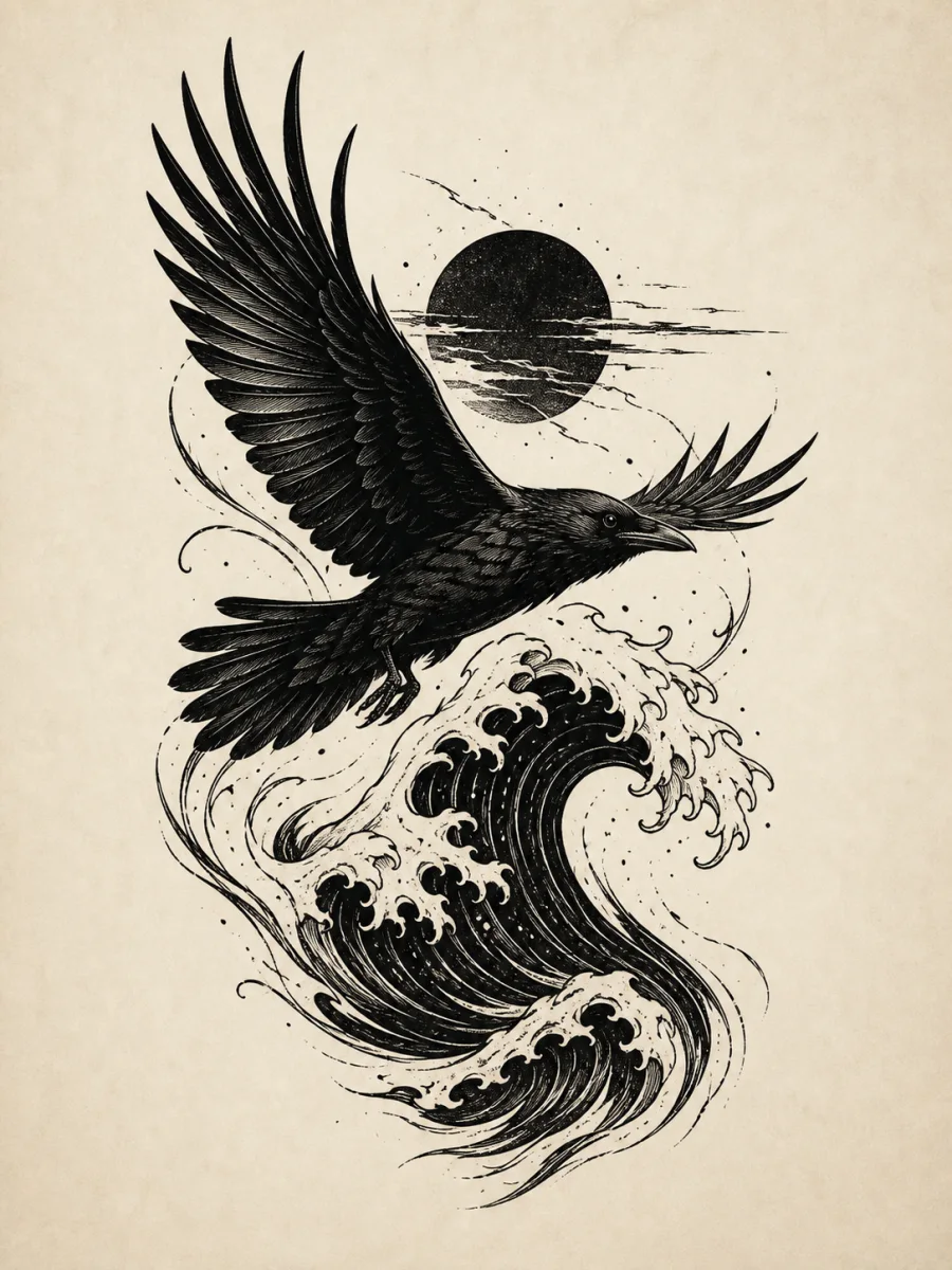 Blackwork raven and ocean wave tattoo concept with high-contrast shapes