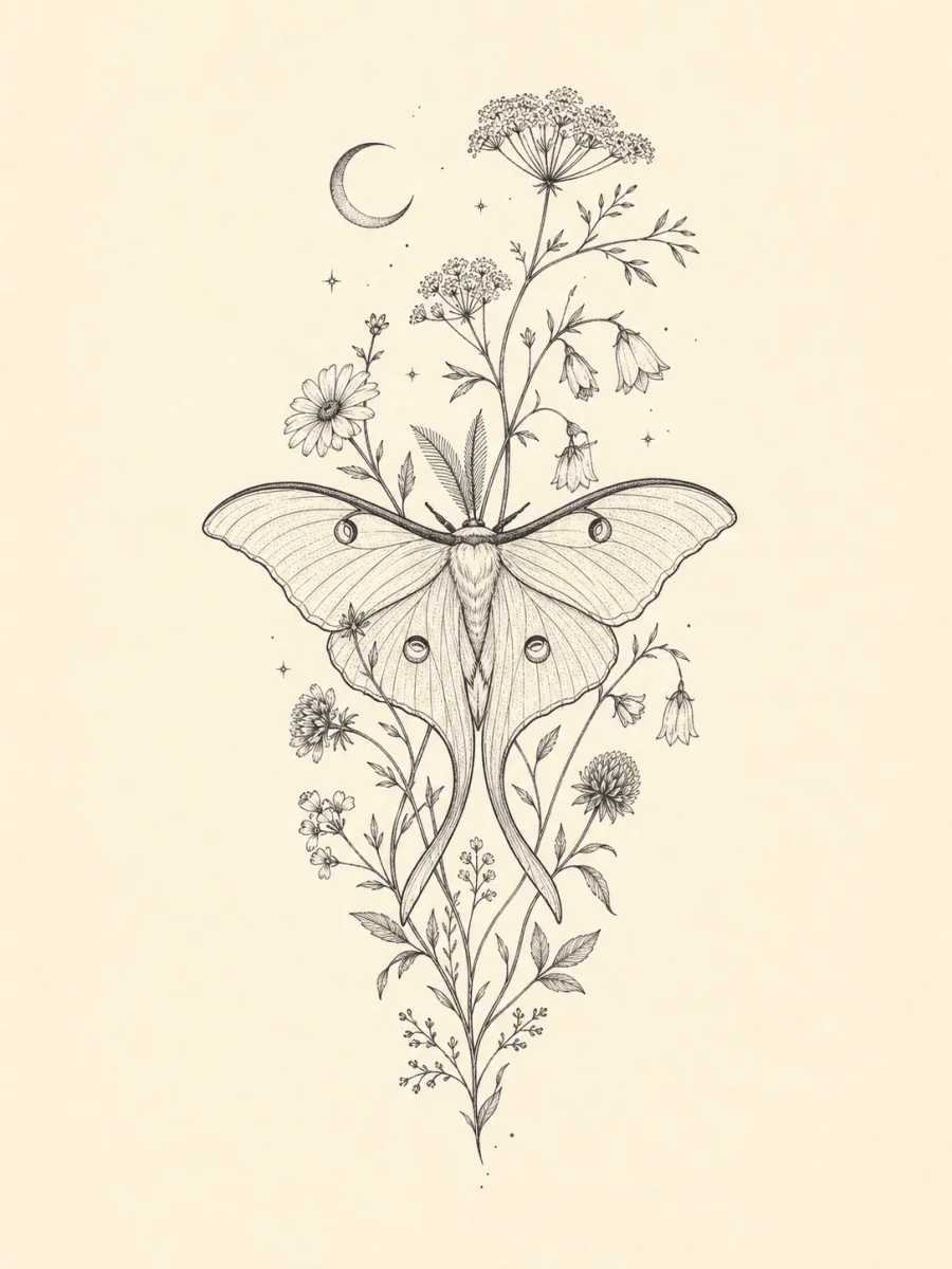 Fine-line luna moth tattoo concept surrounded by botanical branches