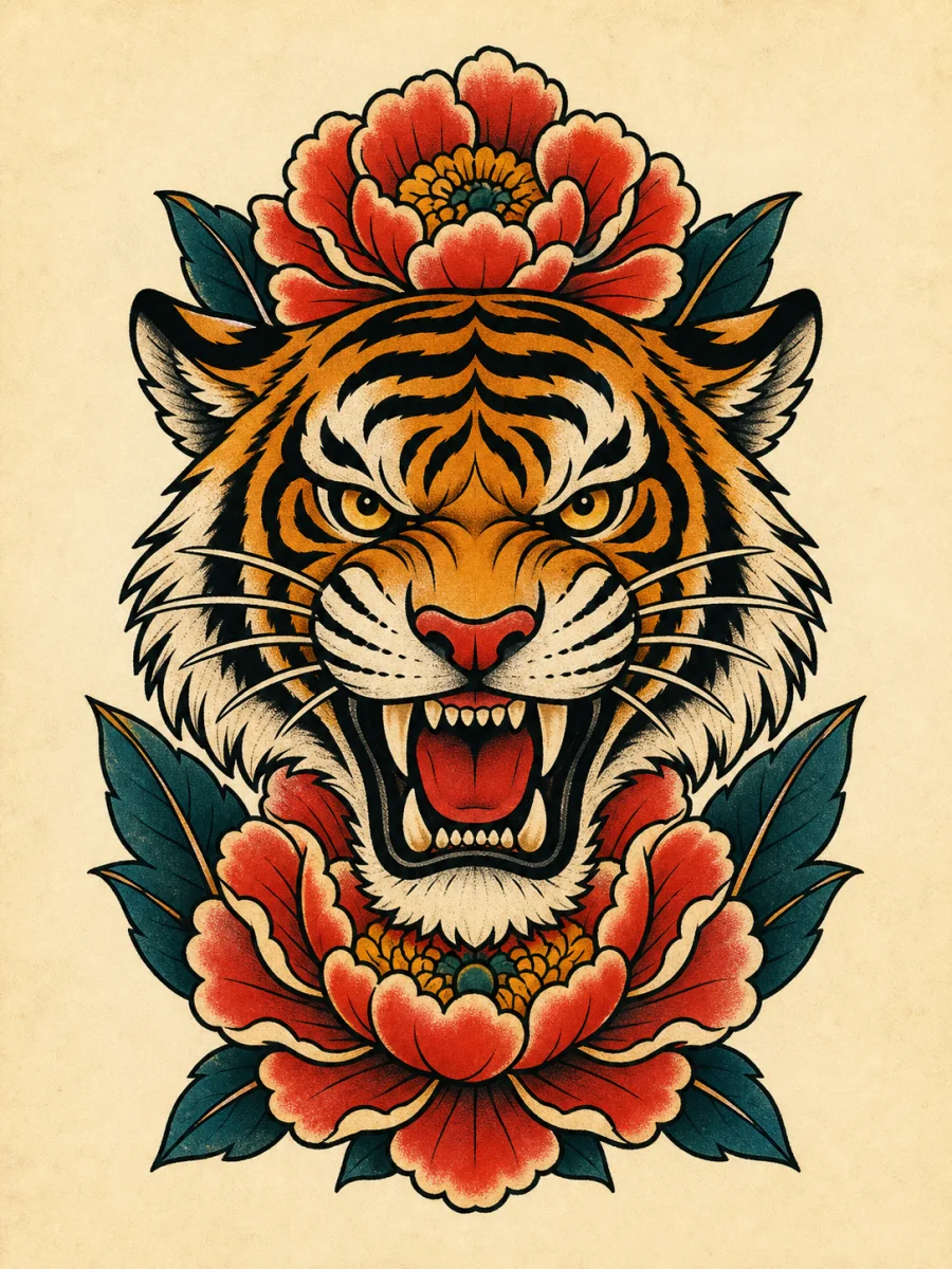 American traditional tiger and peony tattoo concept in a bold vertical layout