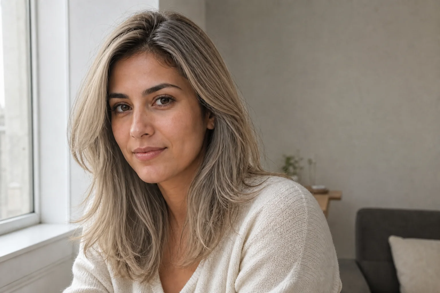 Portrait with ash blonde hair color after the preview edit