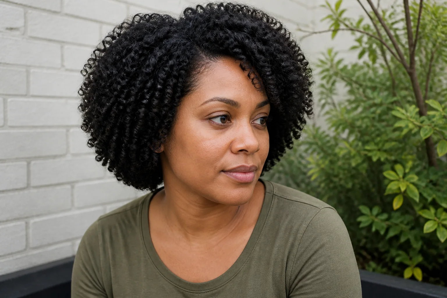 Curly-haired portrait before a brown hair color preview