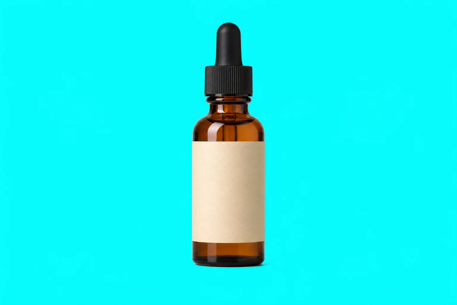 Amber skincare bottle on a cyan background before background removal