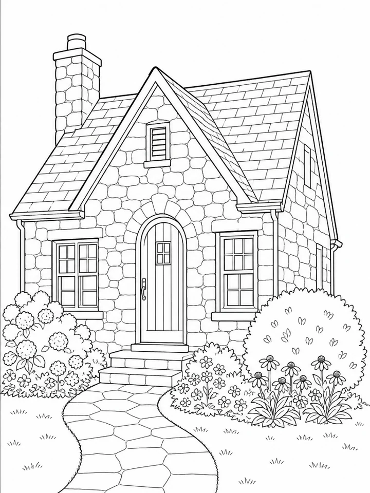 Stone cottage photo converted into printable balanced line art