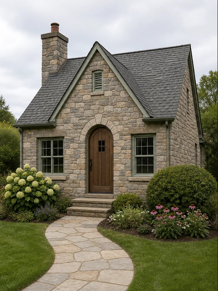 Stone cottage source photo before coloring-page conversion
