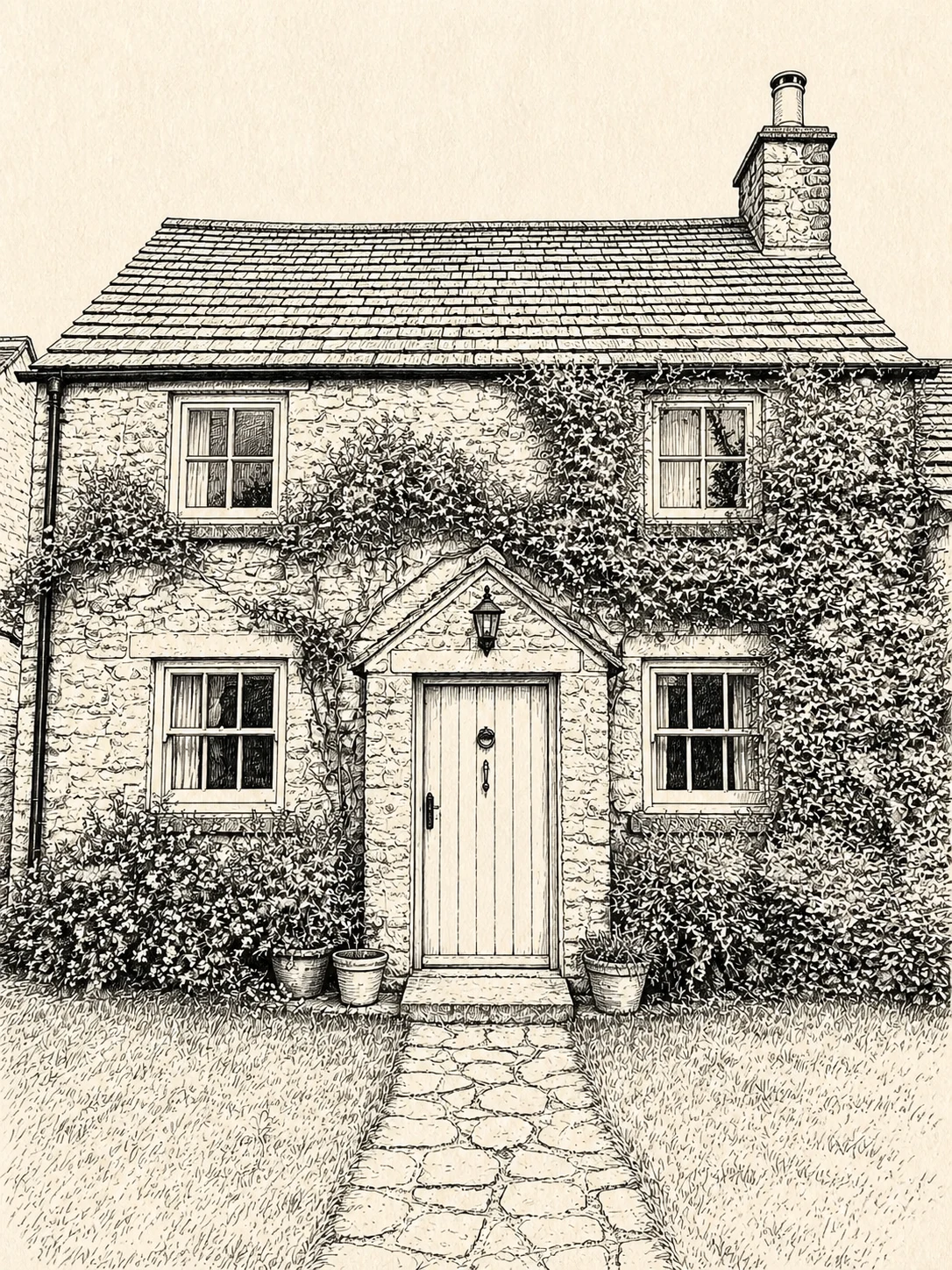 Stone cottage converted into a hand-drawn architectural ink sketch