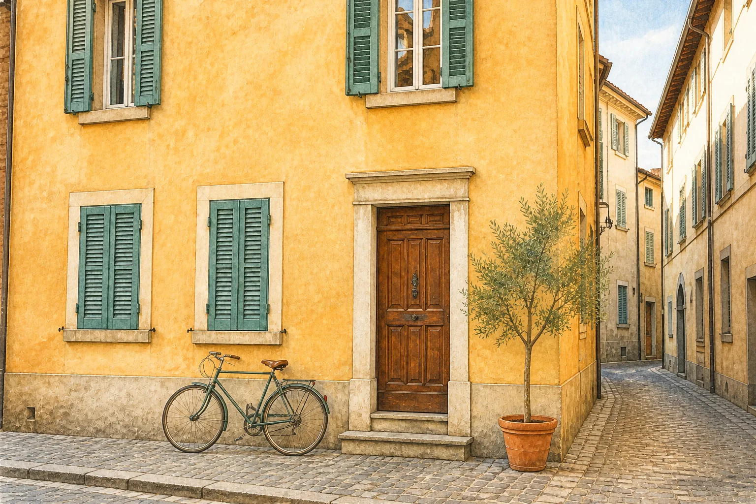 Architectural photograph transformed into watercolor-style artwork