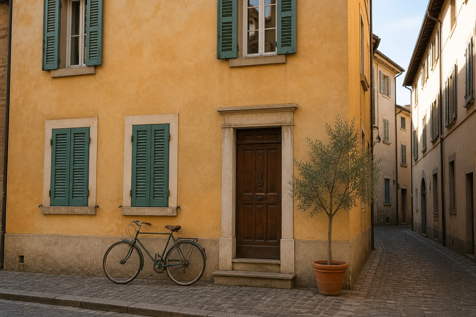 Architectural photograph before a watercolor-style transformation