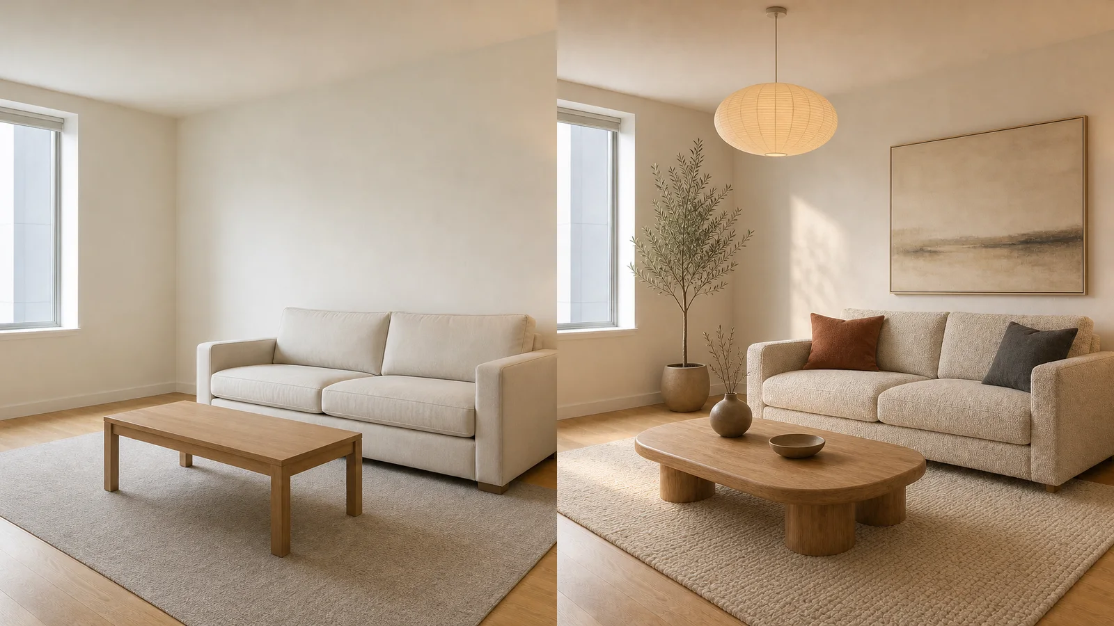 A plain living room transformed into a warm styled interior with an AI image editor