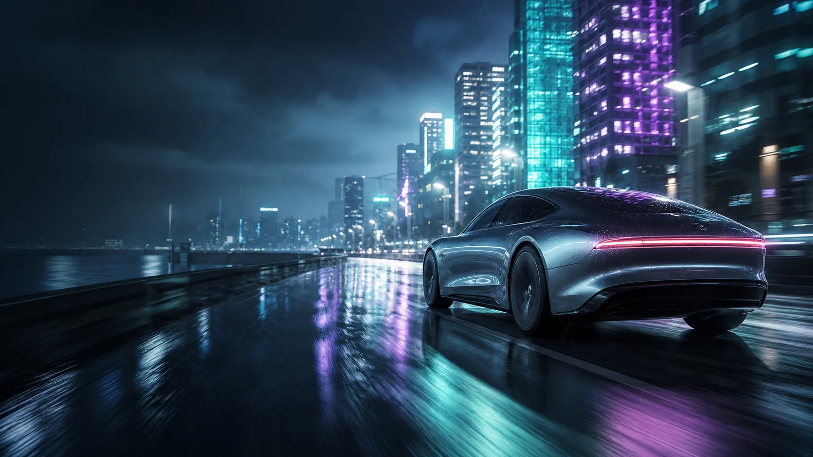 Silver concept car moving through a rain-soaked neon city at night